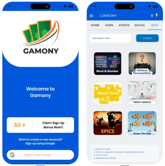 App screen of Gamony gifts and rewards app
